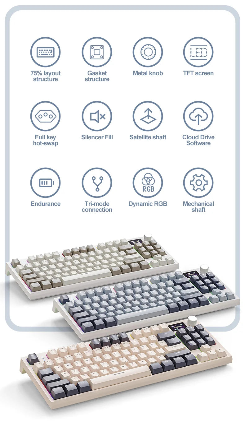 Teclado mecânico ATTACK SHARK K86 com botão metálico, ecrã TFT inteligente a cores, layout de 87 teclas, iluminação RGB e ligação trimodo