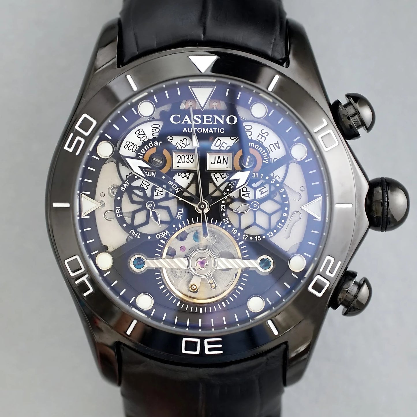 CASENO Brand Bubble Perpetual Calendar Fully Automatic Tourbillon Large Dial Mechanical Watch Belt Watch -58284G
