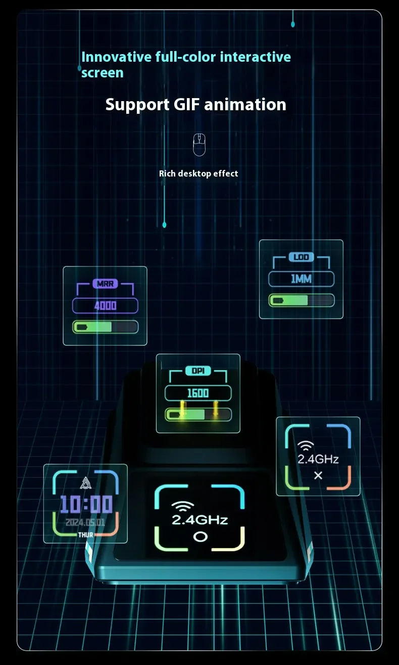 Ratón gaming inalámbrico Ajazz AJ179 APEX con base con pantalla a color, Bluetooth, PAW3395, batería de 400mAh, frecuencia de actualización de 8000Hz