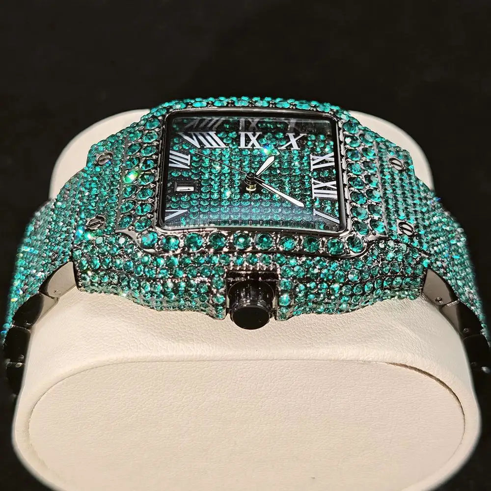 Green Diamond Watch For Men Brand UNIGUET Fashion Roman Literal Quartz Clock Man Hip Hop Iced Jewelry Square Wristwatch 2025 New