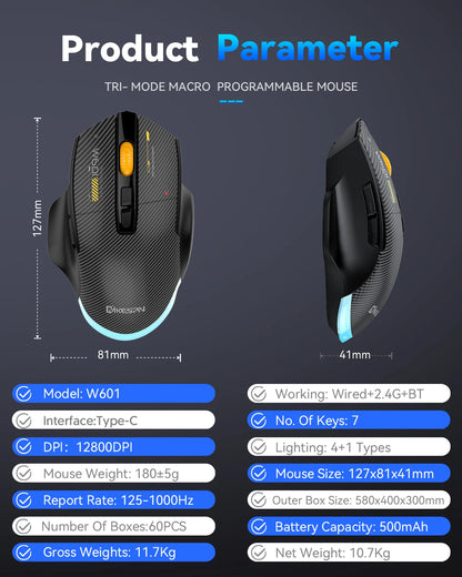 12800 DPI 2.4G Wireless Bluetooth Wired Tri-mode Mouse Mute Button Macro Programming Carbon Fiber Gaming Mouse 500mAh 7 Keys