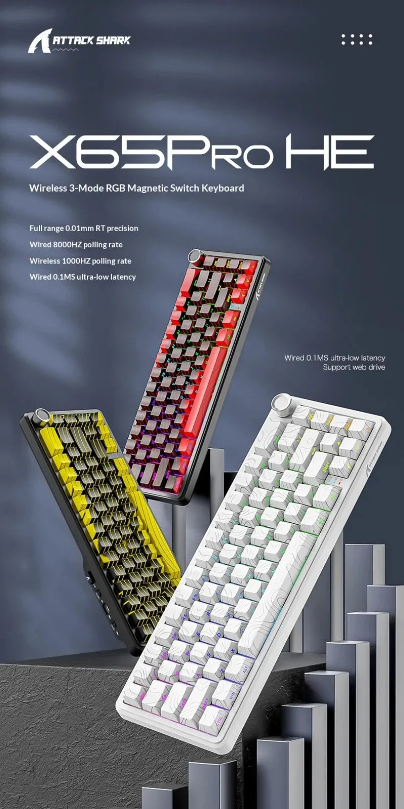 Teclados Gaming Sem Fios Attack Shark X65 PRO HE com Switches Magnéticos 8K RT0.001mm, Gravação Lateral, Bluetooth, Windows Mac PC