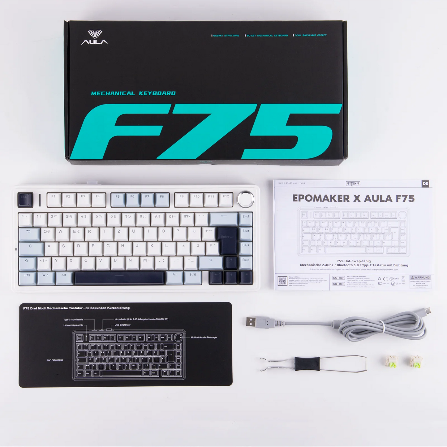 Teclado mecânico sem fios EPOMAKER x AULA F75 ISO-DE com conectividade tri-modo, layout alemão QWERTZ e bateria de 4000 mAh