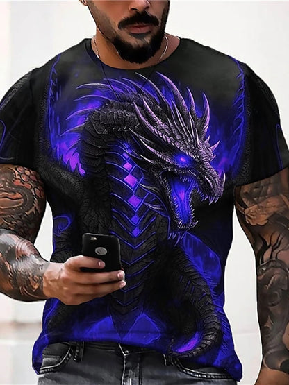 2024 zomer streetstyle heren-T-shirt, urban everyday casual top met korte mouwen, 3D-drakenprint, outdoor heren-T-shirt