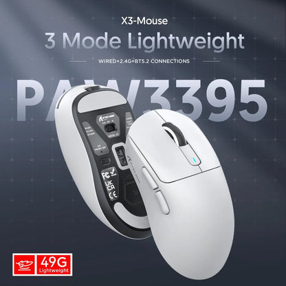 Mysz gamingowa bezprzewodowa ATTACK SHARK X3 PixArt PAW3395 49g SUPERLIGHT, BT/2.4G bezprzewodowa/przewodowa, 6 regulowanych poziomów DPI do 26000
