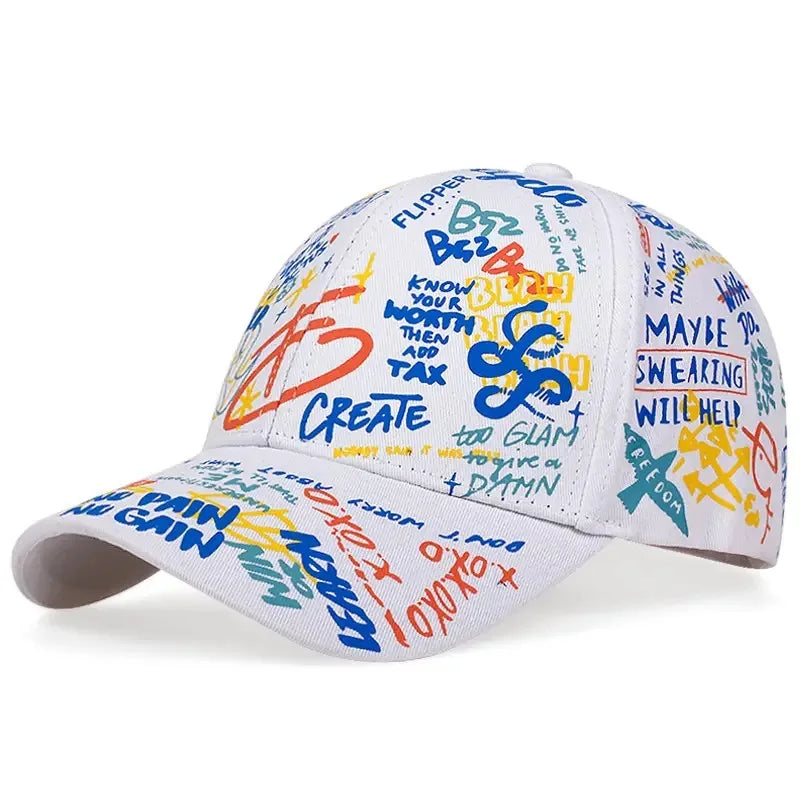 Farbenfrohe Hip-Hop-Baseballkappe mit Graffiti-Motiv, lässige Sonnenkappe mit Entenschnabel-Krempe und Aufdruck, individuell gestaltet für Männer und Frauen
