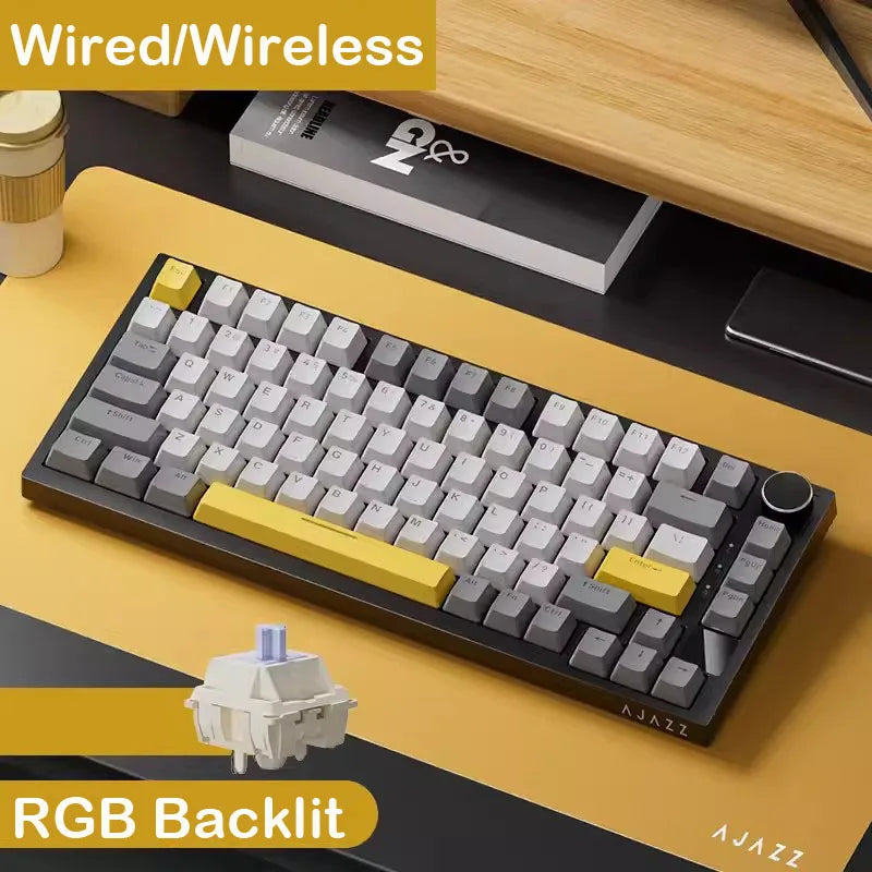 Teclado mecânico AJAZZ AK820 com layout compacto de 70%, iluminação RGB, switches hot-swappable, ligação com fios, sem fios e Bluetooth