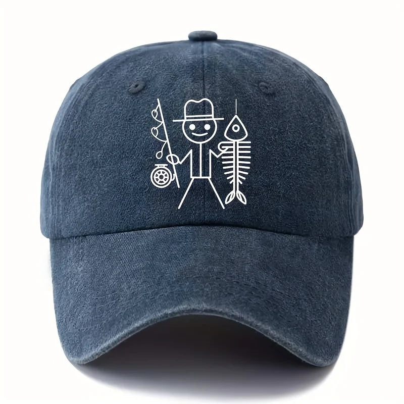 Printed cartoon man fishing baseball cap, outdoor curved brim cap, truck driver cap, vacation travel camping