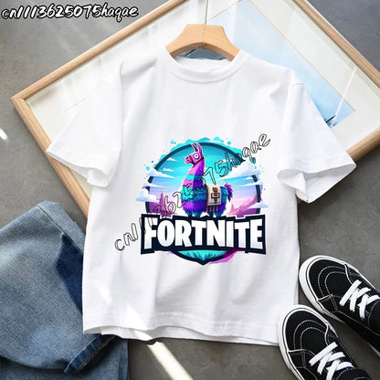 T-shirts Infantis Fortnite Novidade de Verão, T-shirt com Figura de Desenho Animado, Estampado Gráfico, Casual e Desportivo, Manga Curta, Tops Desportivos para Criança, Roupa para Rapazes