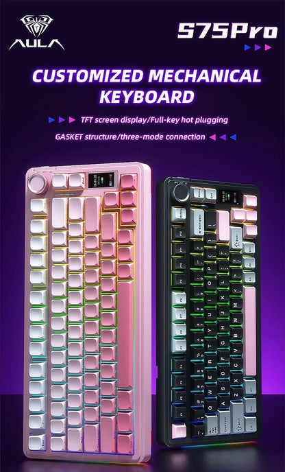 AULA S75 PRO Wireless Mechanical Keyboard with Screen Knob 75% Hot Swappable Gaming Keyboard with Pre-lubed Switches RGB Backlit