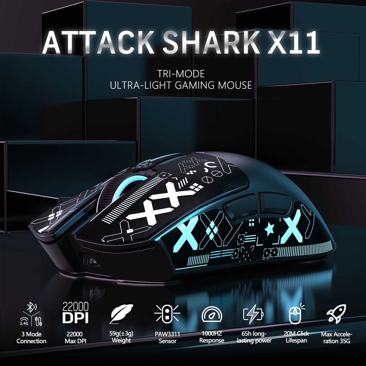 ATTACK SHARK X11 Wireless Gaming Mouse with Charging Dock, PixArt PAW3311 Gaming Sensor, BT/2.4G Wireless/Wired