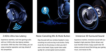Gaming Headset with Detachable Noise-Cancelling Microphone – 3-Mode Wireless Bluetooth 5.3, 2.4G USB & 3.5mm Wired Gaming Headset with 50mm Drivers