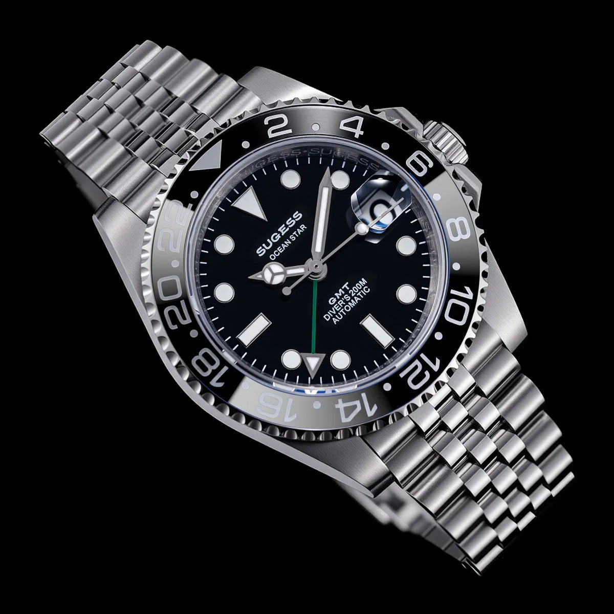 Sugess GMT Diving Watch of Men Automatic Mechanical Waterproof Wristwatches Peacock SL3032 Movement Ceramic Bezel Jubille Band