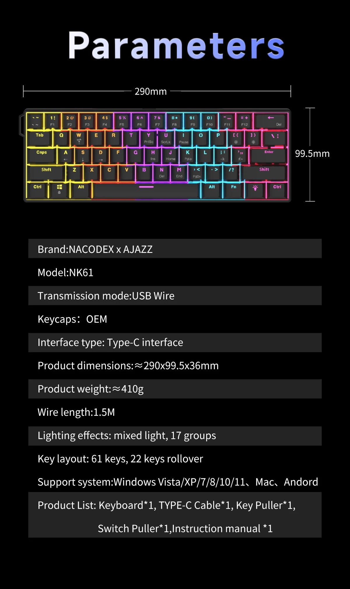 AJAZZ NK61 61-Key Wired Mechanical Keyboard with Hot-Swappable Red Switches, RGB Backlit Compact Gaming Keyboard for PC & Mac