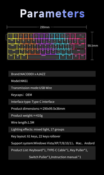 AJAZZ NK61 61-Key Wired Mechanical Keyboard with Hot-Swappable Red Switches, RGB Backlit Compact Gaming Keyboard for PC & Mac