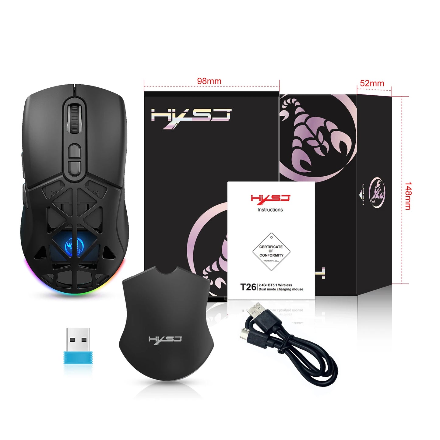 HXSJ T26 kétmódú gaming egér, 2.4G+BT5.1 vezeték nélküli gamer egér laptophoz, 4800DPI állítható, ergonomikus optikai számítógépes gamer egér