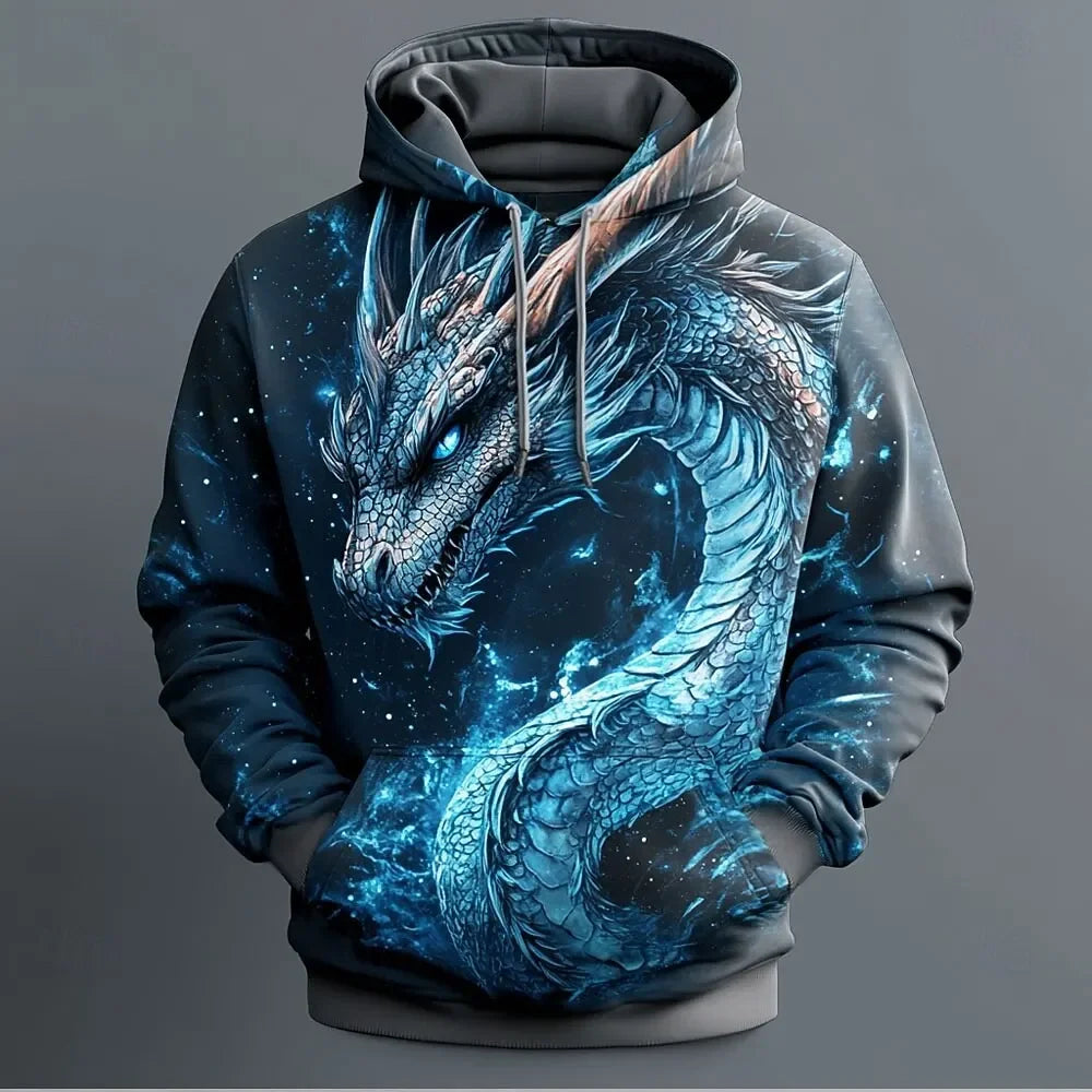 Herren-Hoodie mit Retro-Drachenmuster, 3D-Print, kreativem Design, langen Ärmeln, lässiger Pullover, modisch, cool, Oversize, atmungsaktive Kleidung