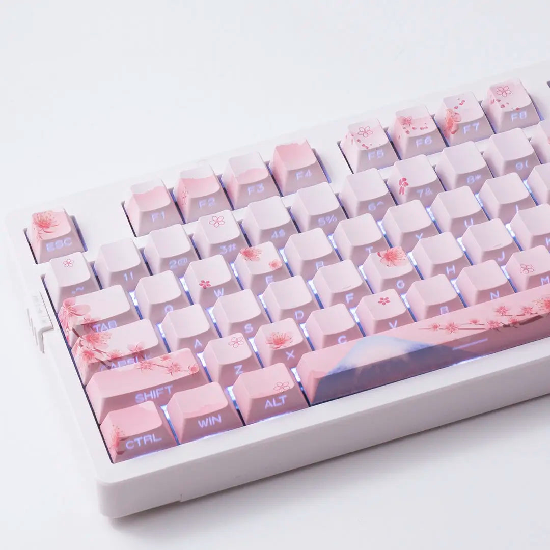 Conjunto de Keycaps Sakura Pink com Gravação Lateral em PBT Translúcido, 127 Teclas para Teclados Mecânicos MX Switch 60/84/90/104/108