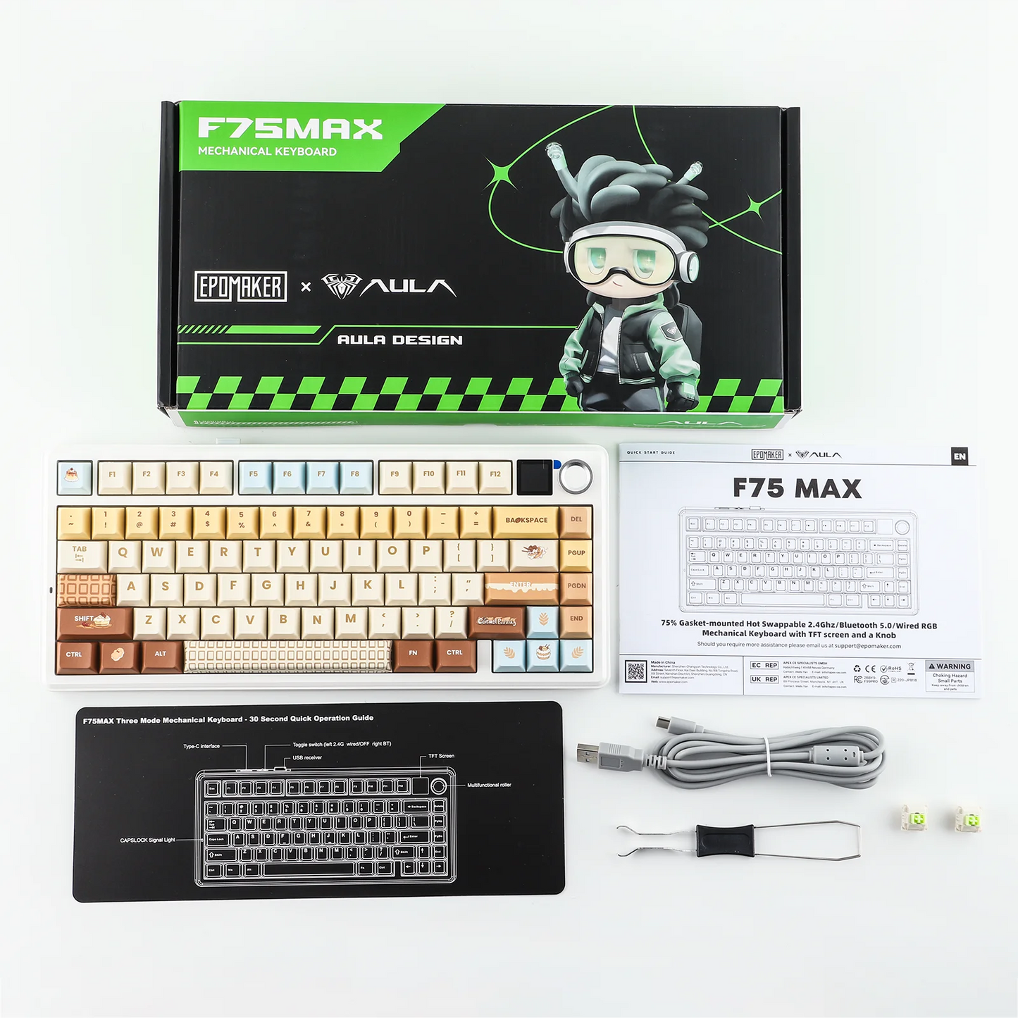 Teclado mecânico sem fios EPOMAKER X AULA F75 MAX Compact 75% ANSI Layout com ligação com fios/Bluetooth/2.4GHz, ecrã TFT e botão rotativo