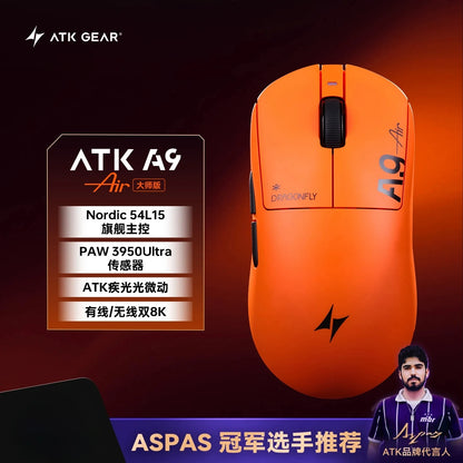 Rato Gaming Bluetooth Sem Fios ATK Dragonfly A9, Design Ergonómico, Resposta Rápida, PAW3950 Ultra, 800mAh, Leve, 8KHz, eSports