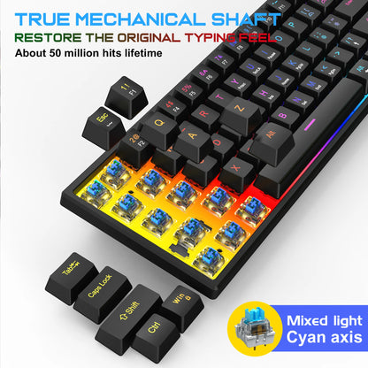 Teclado Gaming com Fio de 104 Teclas com Sensação Mecânica para Portátil e PC, Ergonómico, Retroiluminado RGB, 61 Teclas, Switches Cyan e Keycaps