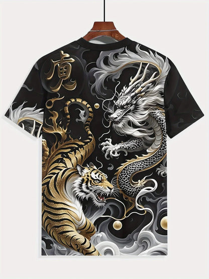 Men's Summer Graphic Tee Dragon & Tiger Duel Design Casual Short Sleeve T-shirt 2025 Fashion Casual O-Neck Shirt