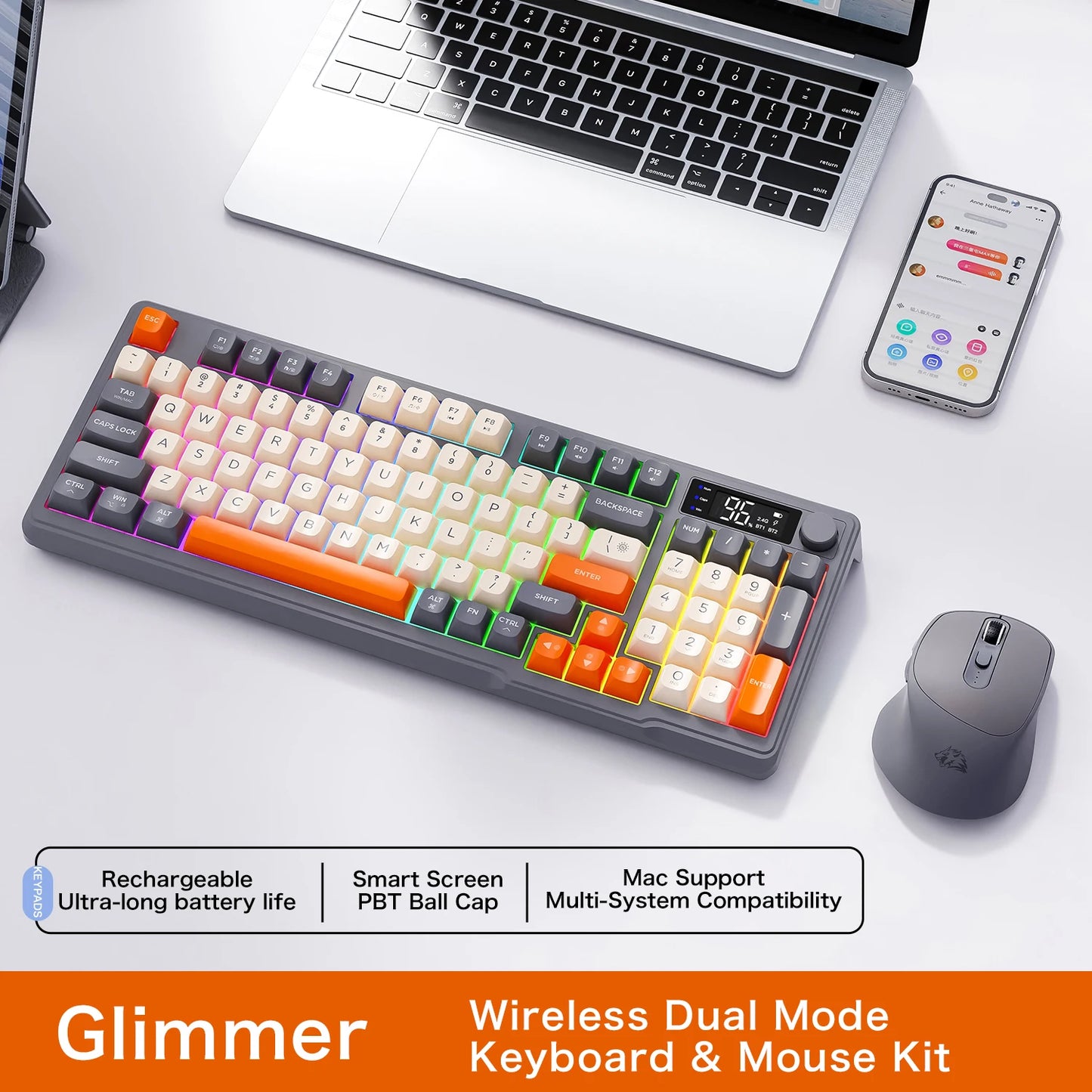 FreeWolf M96 Wireless Keyboard with Screen, Gaming Keyboard Bluetooth Dual-Mode Connection, Multi-Device Linking, Ergonomic