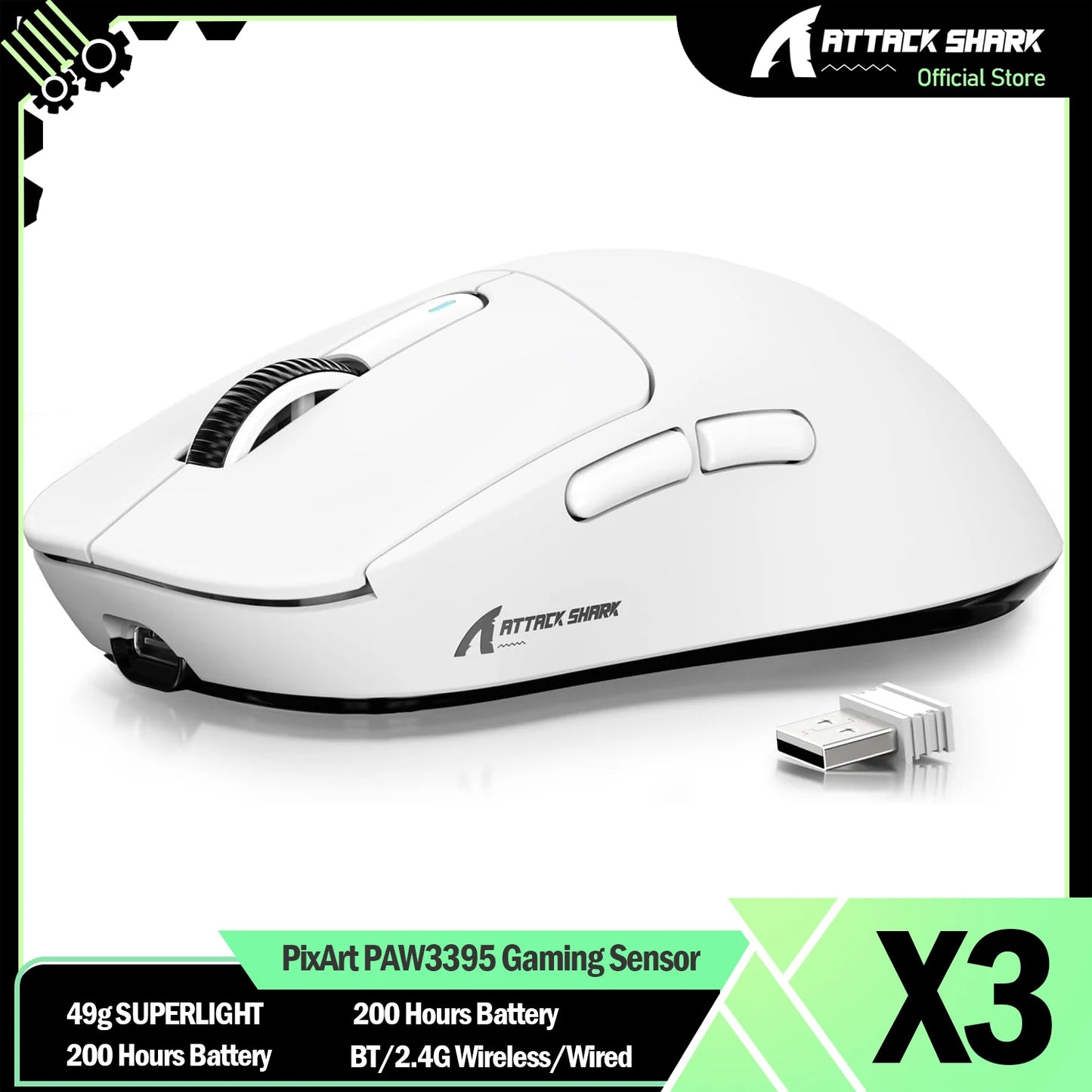 Mysz gamingowa bezprzewodowa ATTACK SHARK X3 PixArt PAW3395 49g SUPERLIGHT, BT/2.4G bezprzewodowa/przewodowa, 6 regulowanych poziomów DPI do 26000