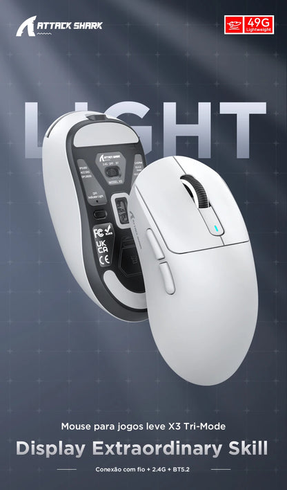 Atack Shark X3 PAW3395 Mouse Lightweight Wireless Gaming Mouse, Tri-Mode Mouse, 26K DPI PAW3395, PC/Laptop/Win/Mac