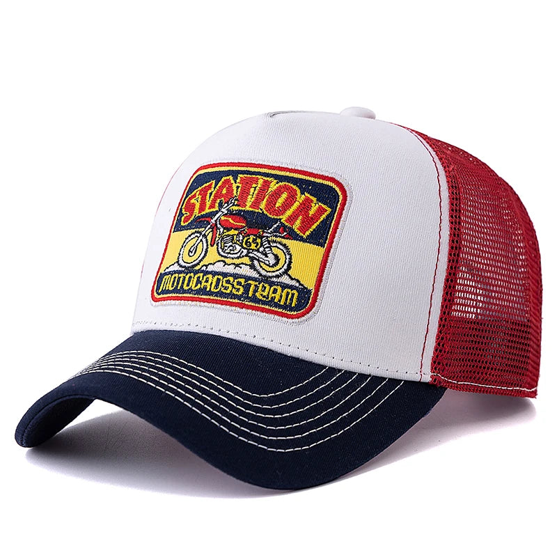 Unisex καπέλο Trucker με πλέγμα, κλασικό μοτίβο μοτοσικλέτας, αναπνεύσιμο καλοκαιρινό καπέλο μπέιζμπολ, καπέλο streetwear για άνδρες και γυναίκες