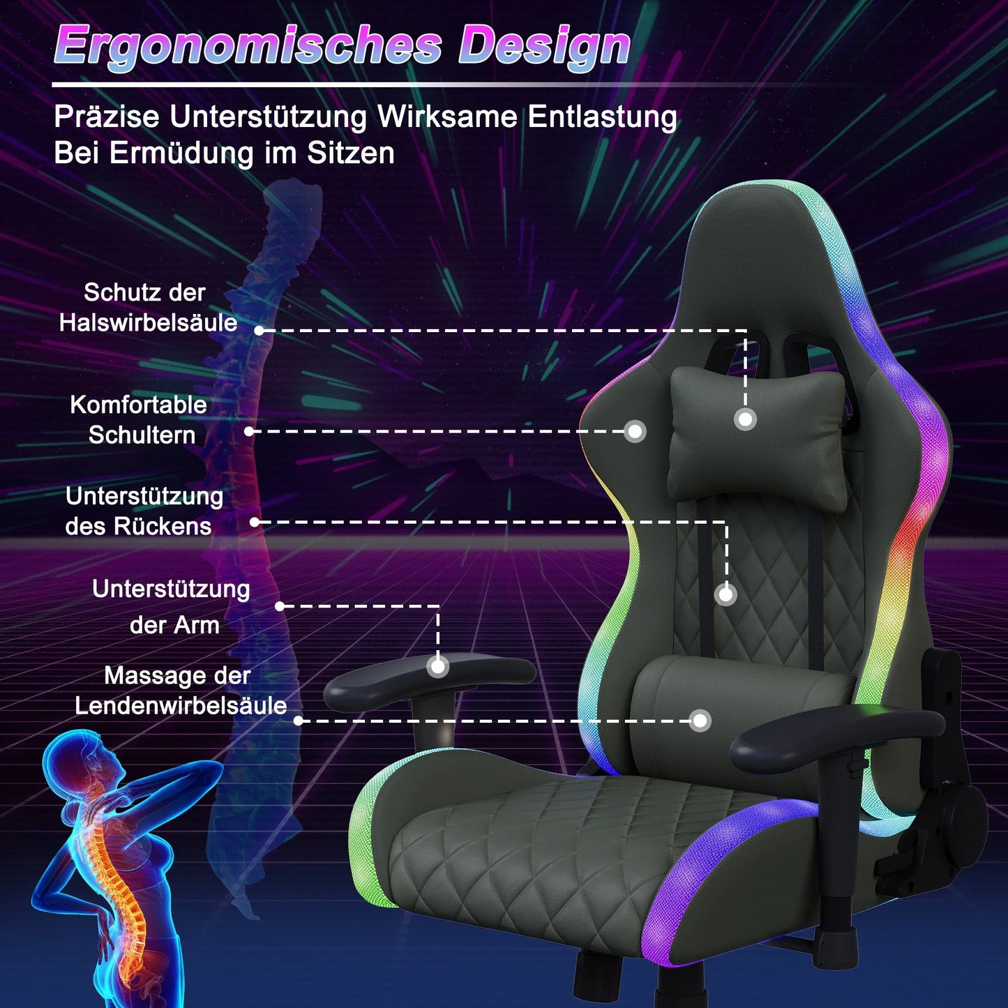 Comanlai Ergonomic Gaming Chair with RGB LED Lights Massage Lumbar Pillow Adjustable Recline Height Game Chair for Office Gaming
