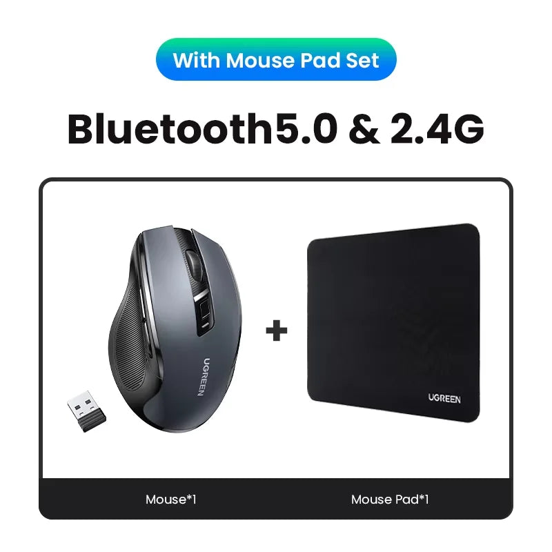 Mouse wireless UGREEN Bluetooth 5.0 ergonomico 4000DPI con 6 pulsanti silenziosi, per MacBook, tablet, laptop, computer e PC, mouse 2.4G