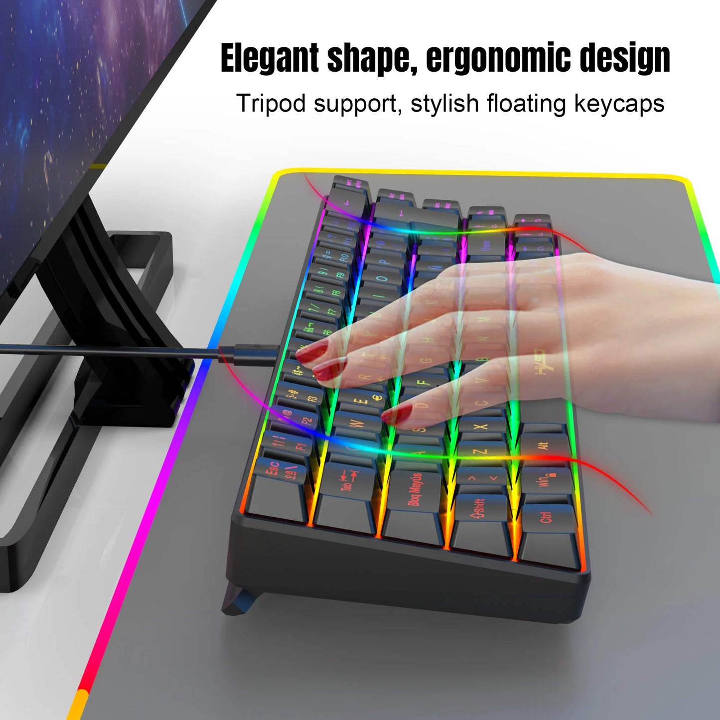Hot Sale! Spanische kabelgebundene Gaming-Tastatur mit 69 Tasten und RGB-Hintergrundbeleuchtung, kompaktes 68%-Design, ein unverzichtbares Gadget für Büroangestellte und Gamer