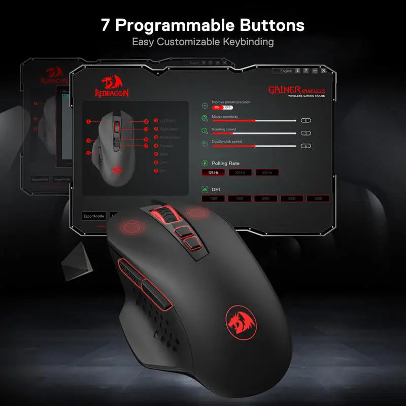Redragon M656 Gainer Wireless Gaming Mouse, 4000 DPI 2.4GHz Wireless Gamer Mouse with 5 DPI Levels, 7 Macro Buttons, Red LED Backlight
