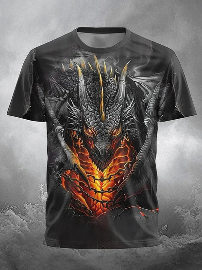 2024 zomer streetstyle heren-T-shirt, urban everyday casual top met korte mouwen, 3D-drakenprint, outdoor heren-T-shirt
