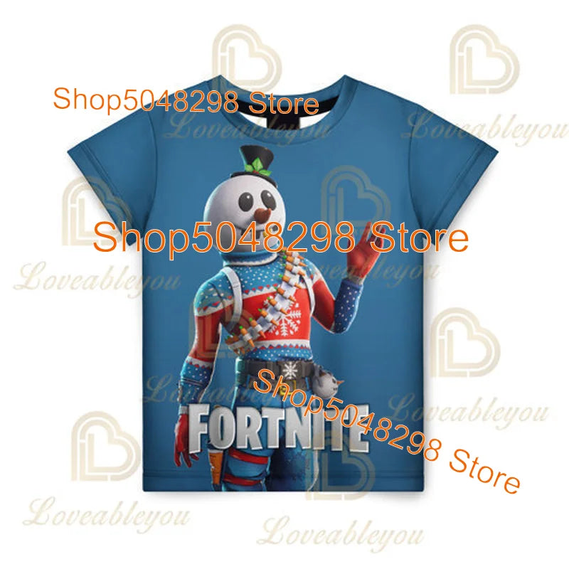 T-shirt infantil de verão Cartoon Fortnite com impressão 3D, para meninos e meninas, estilo streetwear, roupa para adultos e crianças, t-shirt divertida com gola redonda