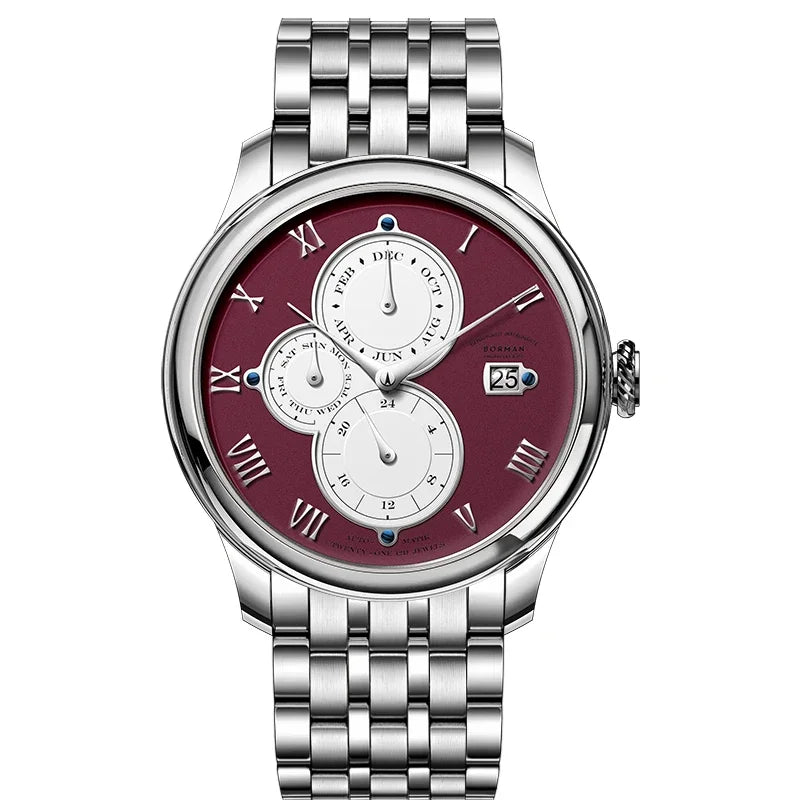 Luxury Brand BORMAN Automatic Mechanical Men's Watches Sapphire 50M Waterproof Multi-function Dial Retro Leather Clocks BM18011