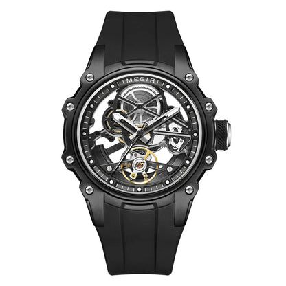 MEGIR Skeleton Dial Automatic Mechanical Watch Men Stainless Steel Case Waterproof Luminous Sport Wristwatch with Silicone Strap