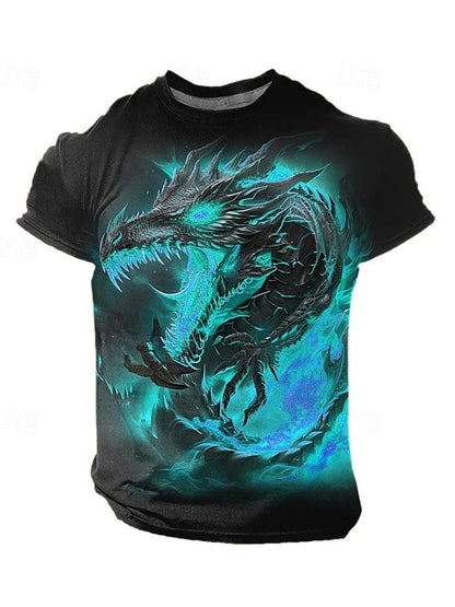 2024 zomer streetstyle heren-T-shirt, urban everyday casual top met korte mouwen, 3D-drakenprint, outdoor heren-T-shirt