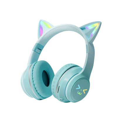 RGB Cat Ear Wireless Bluetooth Headphones for Kids & Girls – LED Light Stereo Gaming Headset with Microphone