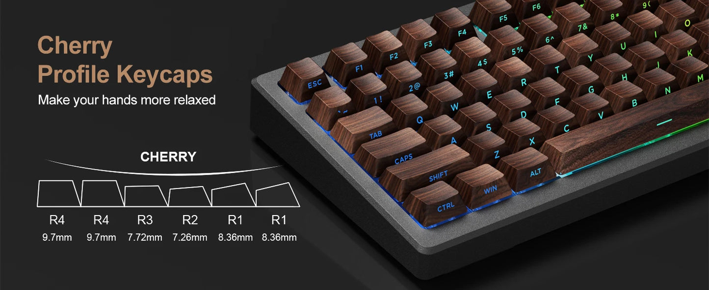 Teclas PBT translúcidas Cherry com gravação lateral e padrão de madeira, 126 teclas, personalizadas para teclado mecânico 60/84/98/108