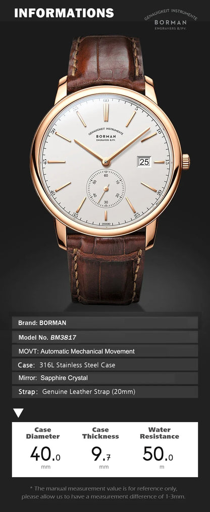 BORMAN BM3817 TOP Watch New 42 Luxury Men's Automatic Mechanical Watches Sapphire Ultra-thin 50M Waterproof Sub Dial Clocks
