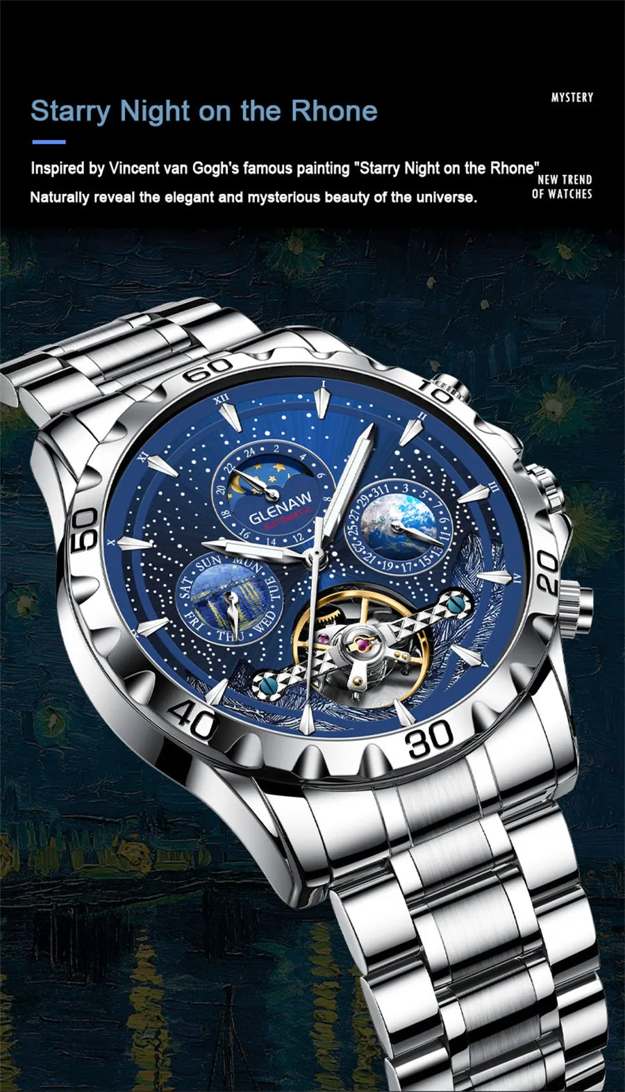 GLENAW Design Herrenuhr Top-Marke Luxusmode Business Automatikuhr für Herren Wasserdichte mechanische Uhr Montre Homme