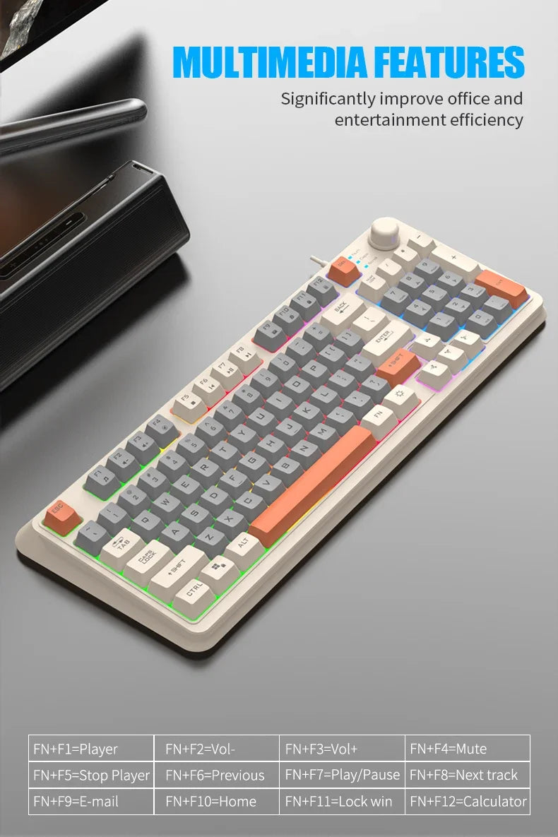 K82 Gaming Keyboard Glows Wired USB Desktop PC/Notebook Available 19-key punchless knob to adjust volume