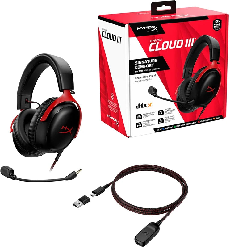 HyperX Cloud III kabelgebundenes Gaming-Headset mit DTS X Spatial Audio, 53mm-Treibern, geräuschunterdrückendem Mikrofon – USB- & 3.5mm-Gaming-Kopfhörer für PC, PS5, Xbox, Switch