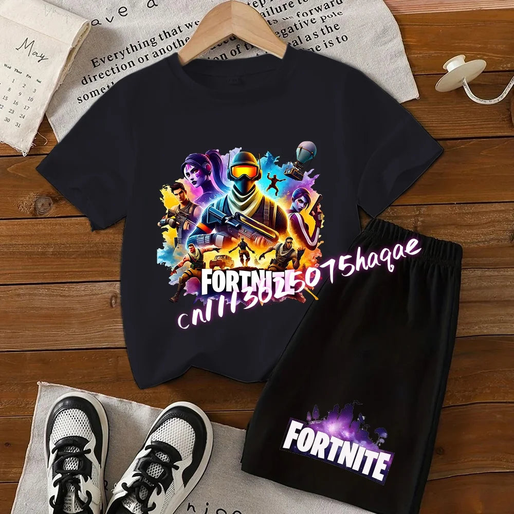 Angesagtes Fortnite-Kinder-Set mit T-Shirt und Shorts, Cartoon-Figur-Print, Sommer-Freizeit-Sportbekleidung für Jungen