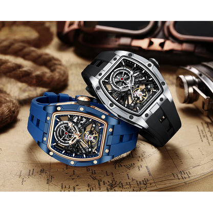 MINI FOCUS Herren-Armbanduhr, modisch, schwarz, wasserdicht, automatische mechanische Uhr mit Leuchtzeigern, Silikonarmband und Tonneau-Zifferblatt