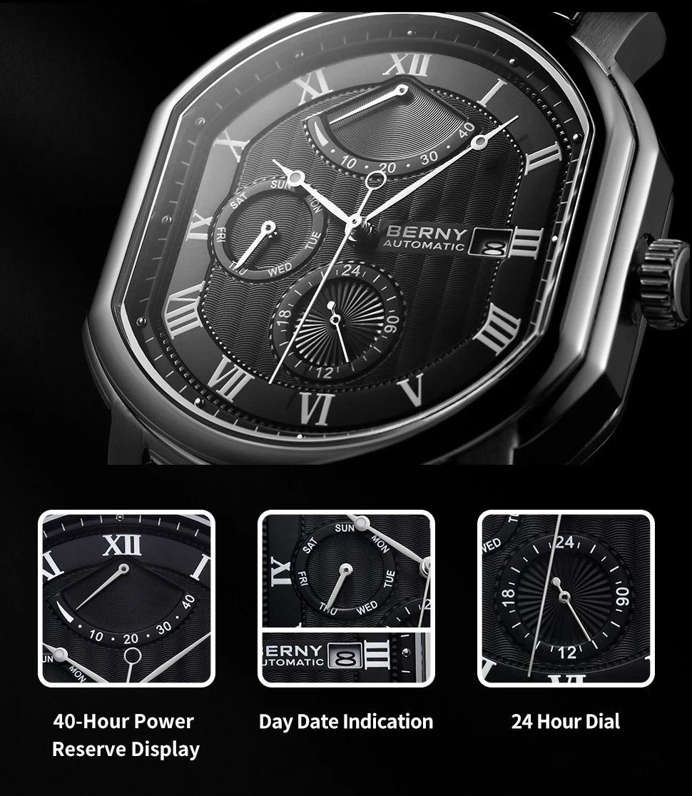 BERNY Men's Mechanical Watch, Top Accuracy, Automatic Wristwatch, Luxury Male Clock, Sapphire, Self-Winding, Waterproof