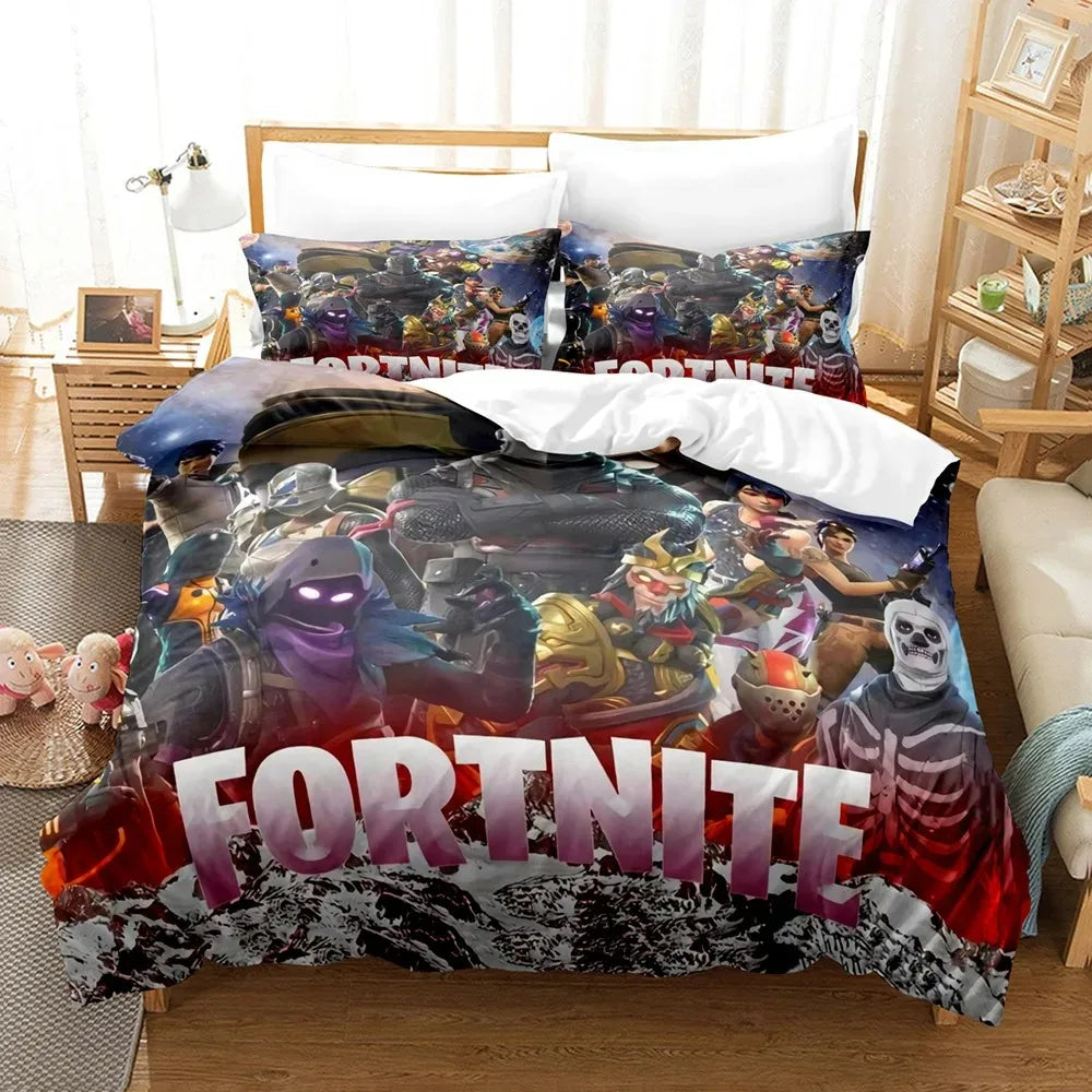 F-Fortnite 3PCS Bedding Set Battle Royale Kids Duvet Cover Quilt Pillowcase Double Size Victory Game Bedroom Linen Decoration