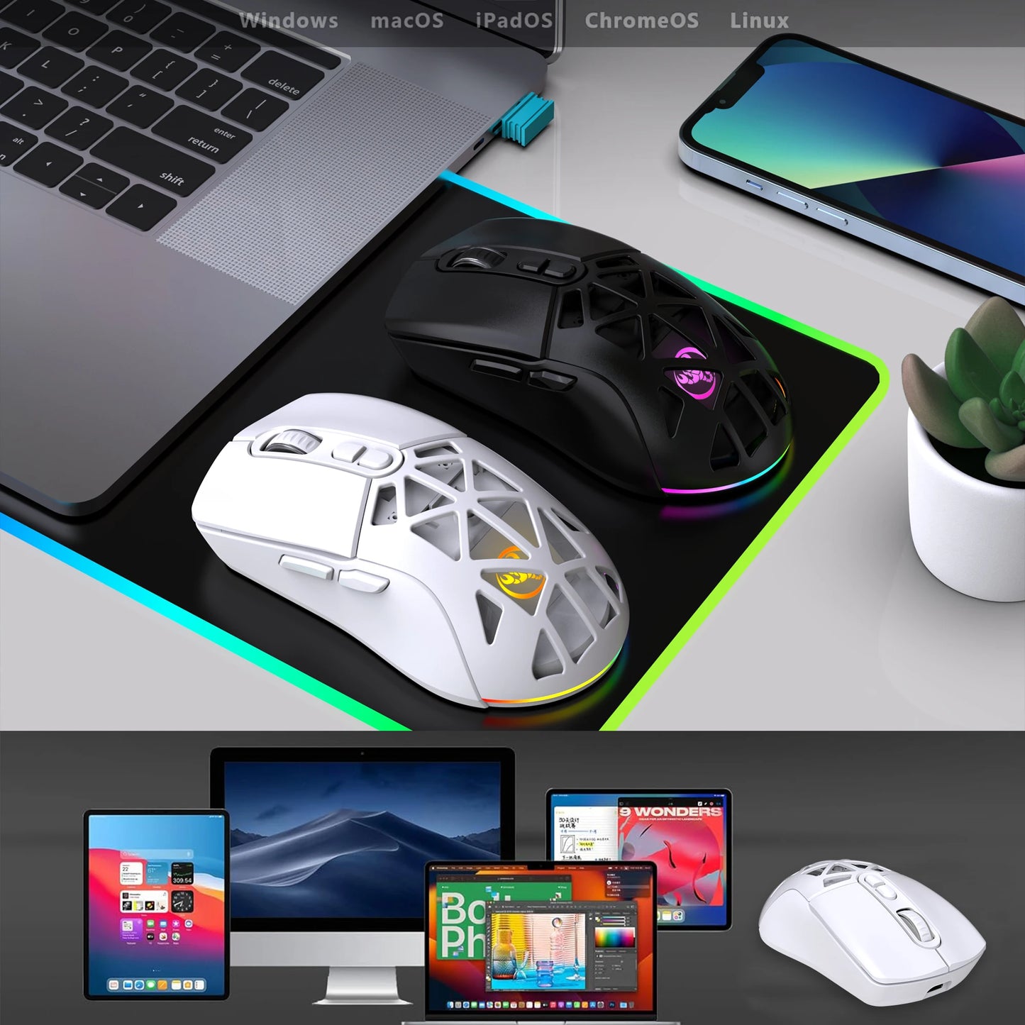 HXSJ T26 kétmódú gaming egér, 2.4G+BT5.1 vezeték nélküli gamer egér laptophoz, 4800DPI állítható, ergonomikus optikai számítógépes gamer egér